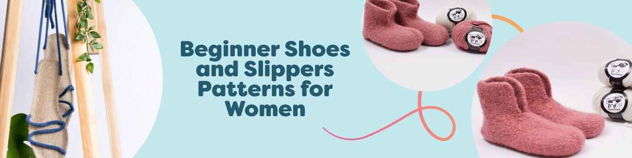 Collection image: free beginner women’s shoe and slipper patterns from Hobbii—knit felted slippers, crochet slippers, and espadrilles.