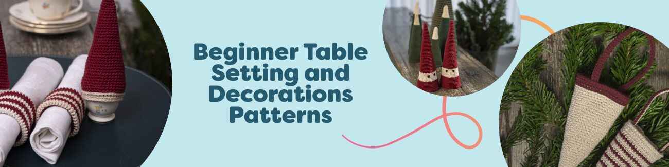 Styled table setting with crocheted stars, cones, and festive ornaments alongside plates, napkins, and yarn skeins; free beginner table decoration patterns by Hobbii.