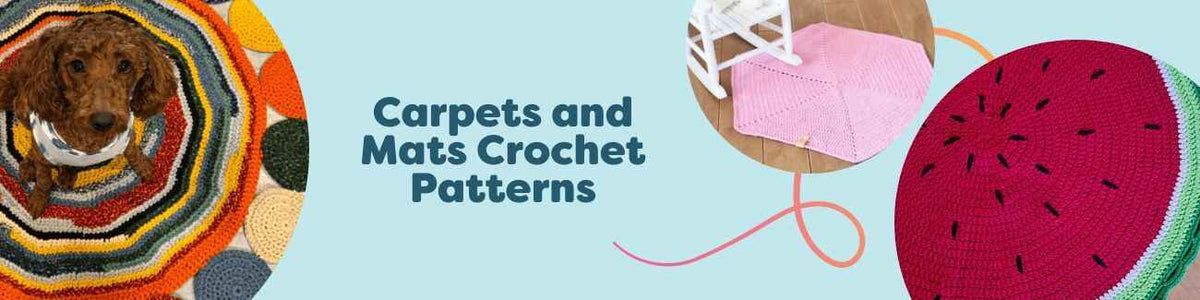 A selection of free crochet rug and mat patterns from Hobbii, featuring round boho rugs, bathroom mats, nursery rugs, and a watermelon design.