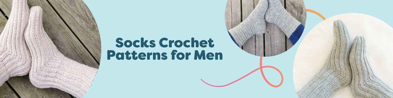 Men’s crochet socks in ribbed and herringbone styles, shown in neutral yarn tones with a hook and skeins on a wooden surface.