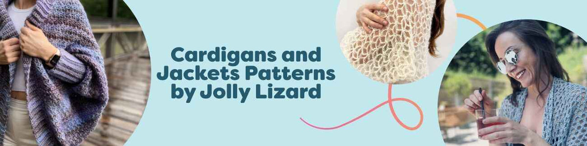 Collection image showing Jolly Lizard cardigan and jacket crochet pattern covers—cocoon cardigans, a bolero, and a children’s cardigan—curated by Hobbii.