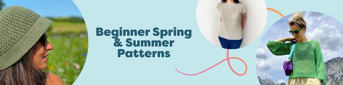 Flat lay of beginner-friendly spring and summer knit and crochet projects: bucket hat, airy tops, and a light cardigan made with cotton yarns in soft pastels.