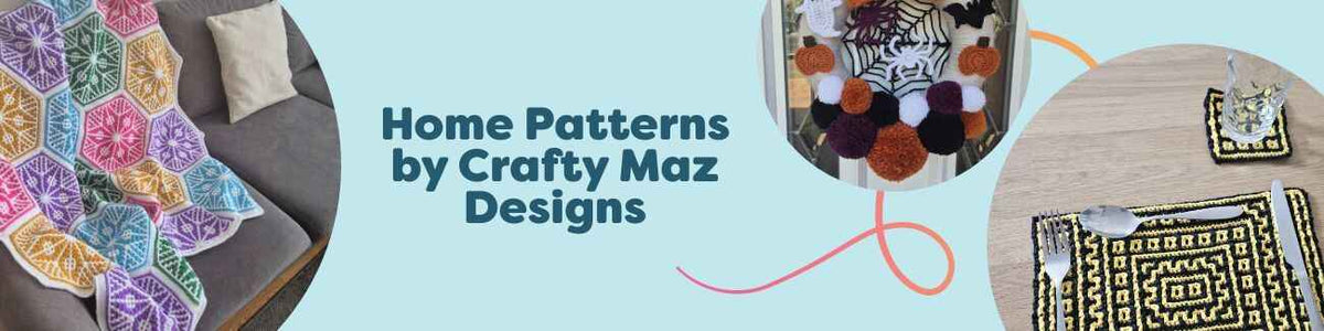 Collage of five intermediate crochet home decor patterns by Crafty Maz Designs: Honeycomb Burst and Hygge blankets, a mini mandala rug, a mosaic coaster and placemat set, and a spooky hoop wreath styled in cozy rooms.