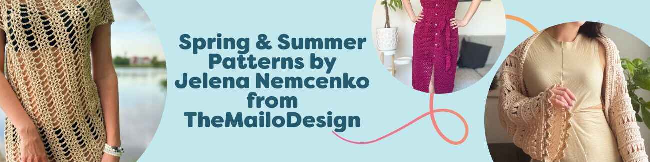 Spring and summer crochet patterns by Jelena Nemcenko for Hobbii, featuring a beach dress, elegant dress, lightweight shrug, and sleeveless top in breathable yarns.