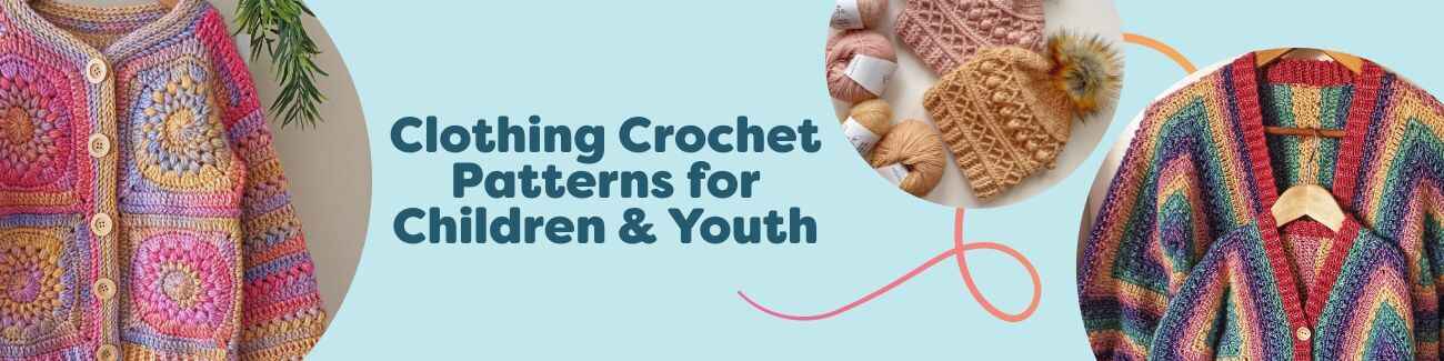Children and teens wearing handmade crochet cardigans, beanies, and scarves made with Hobbii yarns, showcasing colorful, cozy clothing patterns.