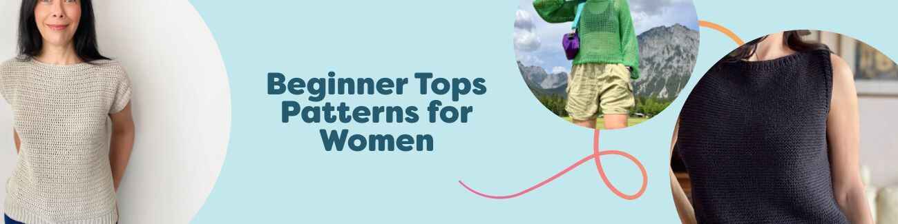 Beginner women's crochet top patterns from Hobbii: easy tees, tanks, and shell tops in soft yarns, shown in light, summery colors on female models.