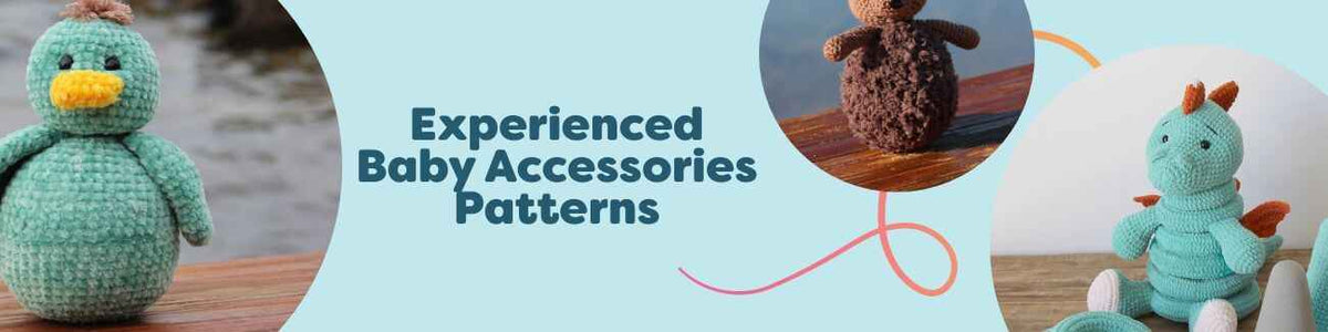 Experienced baby accessories patterns: crochet baby blanket, stackable dino toy, and stacking cubes in soft pastel colors.