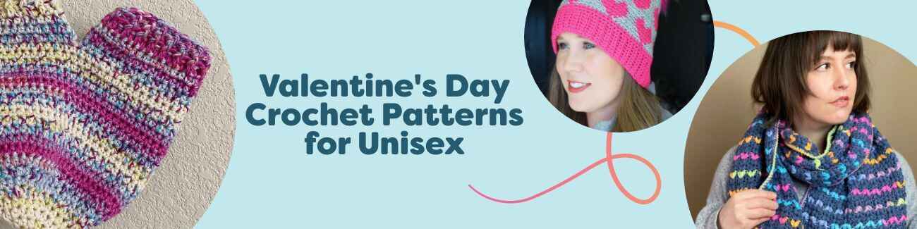 Image showing unisex Valentine's Day crochet patterns from Hobbii: heart-inspired scarf, beanie, and hand-holding mittens styled in red and neutral yarns.