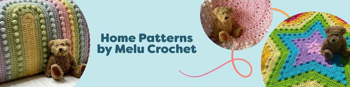 Colorful crochet blanket patterns by Melu Crochet from Hobbii arranged in a cozy home setting with rainbow, heart, star, and geometric motifs.