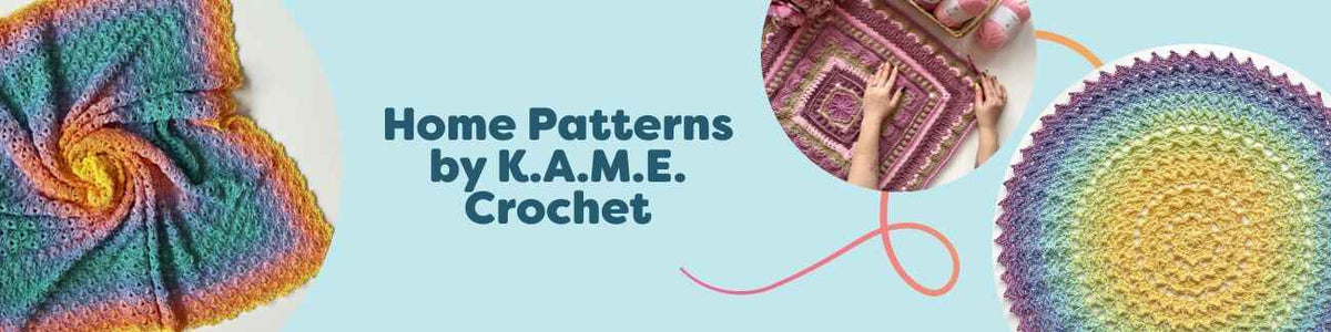 Collage of K.A.M.E. Crochet home patterns from Hobbii: baby blankets, a mandala, a doily, and seasonal pumpkin decor in cozy yarns.