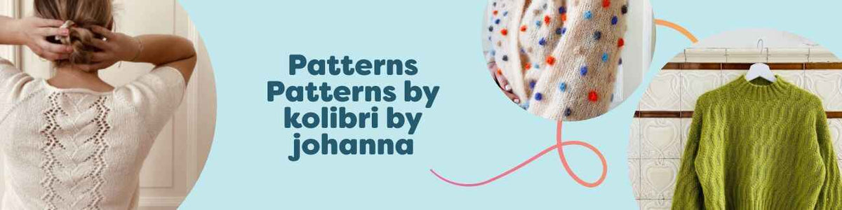 Selection of knit and crochet patterns by Kolibri by Johanna for tees, cardigans, sweaters, and a camisole, shown in soft, modern yarn hues.