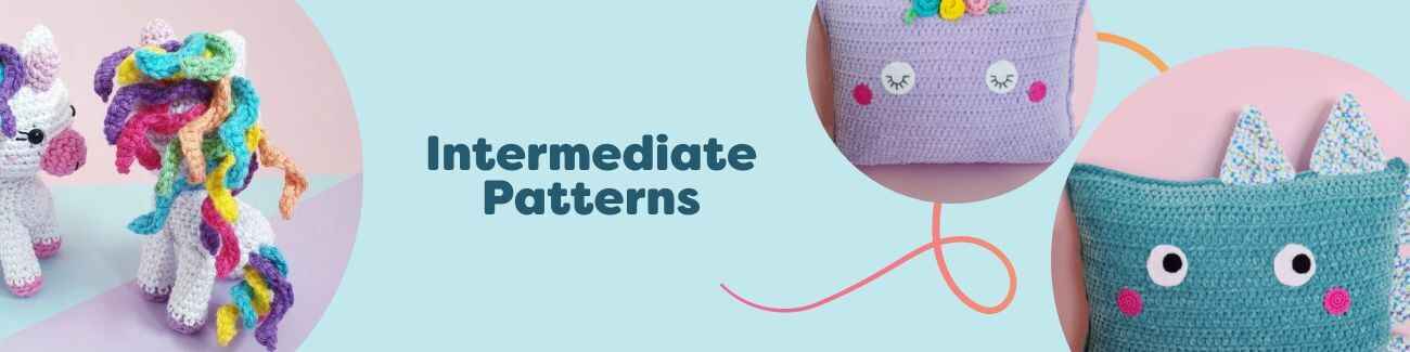 Collage of free intermediate crochet patterns from Hobbii, featuring amigurumi, unicorn and dino pillows, and home décor projects made with colorful yarn.