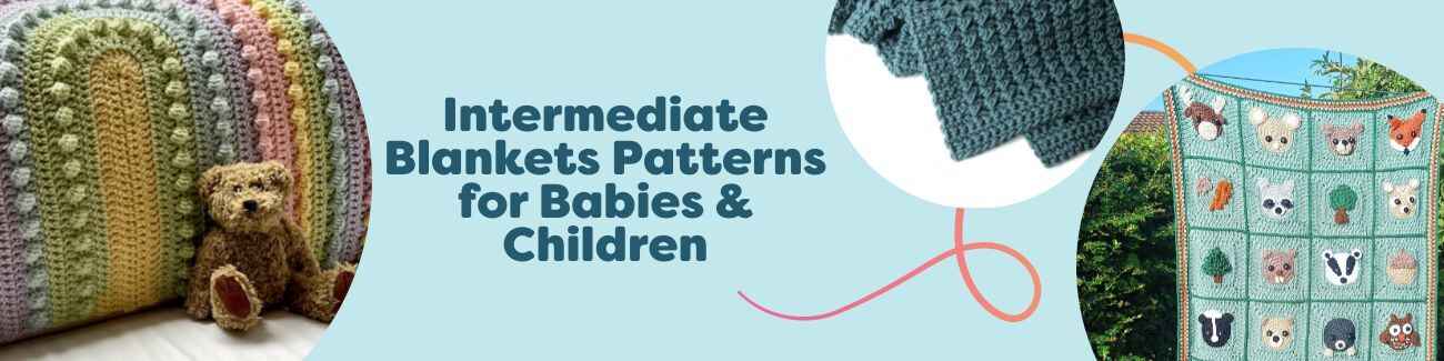Assortment of intermediate crochet baby and kids blankets—rainbow stripes, lace and textured motifs—styled with soft Hobbii yarn skeins and a crochet hook.