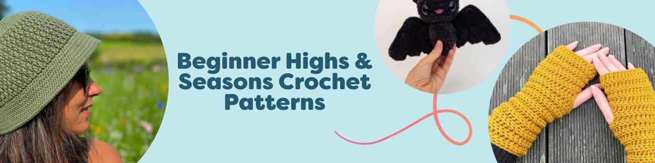 Flat lay of beginner-friendly, seasonal crochet projects: a summer bucket hat, cozy wrist warmers, a cute bat amigurumi, and a scarf with beanie, styled with colorful Hobbii yarn.