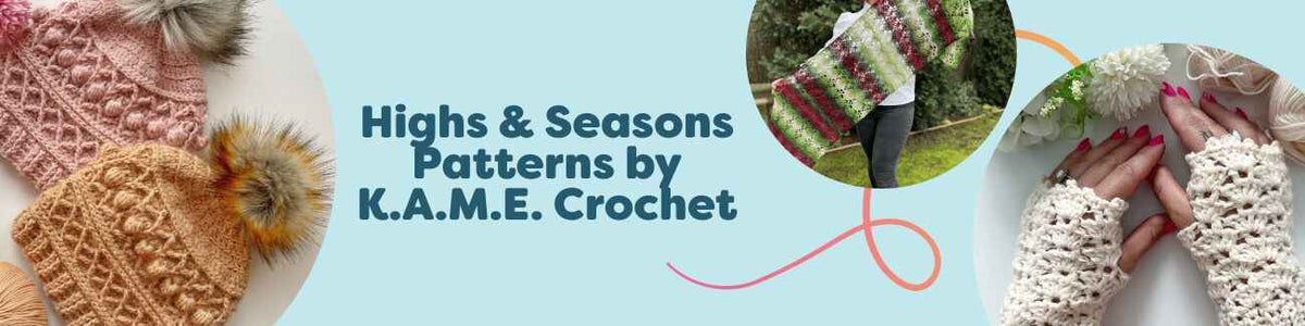 Assorted crochet projects from the Highs & Seasons Patterns by K.A.M.E. Crochet collection at Hobbii, including a beanie, shawl, fingerless gloves, twisted headband, and pumpkin.