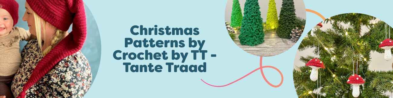 Christmas crochet patterns by Crochet by TT—pixie hats and festive ornaments (angel, tree, acorn, mushroom) from Hobbii.