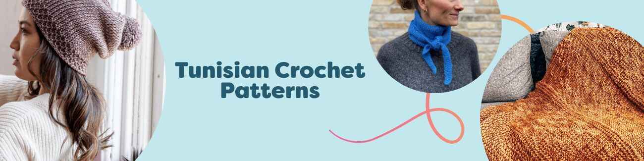 Tunisian crochet pattern selection from Hobbii featuring a beanie, scarf, shawl, sweater, and blanket made with soft yarns for intermediate makers.