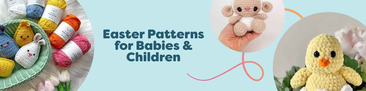 Easter-themed crochet and knitting patterns for babies and children, featuring pastel bunnies, chicks, and lambs made with soft Hobbii yarns.