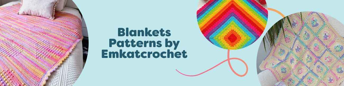 Assorted crochet blanket patterns by Emkatcrochet at Hobbii, including Hugs and Hearts, Polka Prism, and baby blanket designs.