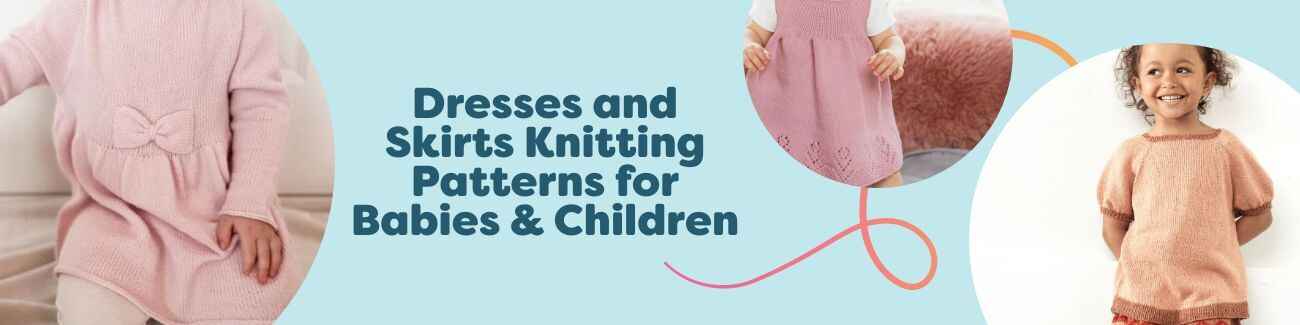 Collage of free baby and children’s dress and skirt knitting patterns from Hobbii, featuring colorful hand-knit garments for infants and toddlers.