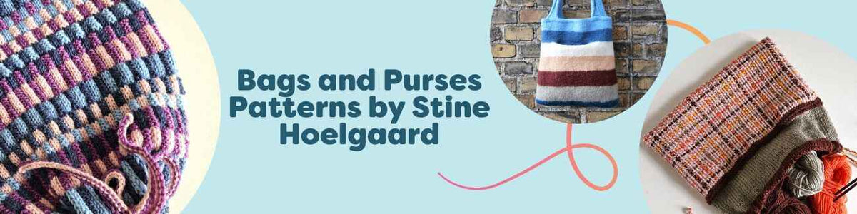 Assorted handmade bags and purses—project bags, felted totes, everyday carry—pattern collection by Stine Hoelgaard, Hobbii.