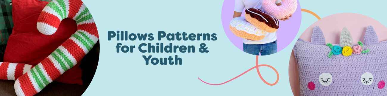 Colorful crochet pillow patterns for children and youth—unicorn, dino, sloth, donut, and candy cane designs—styled with Hobbii yarn.