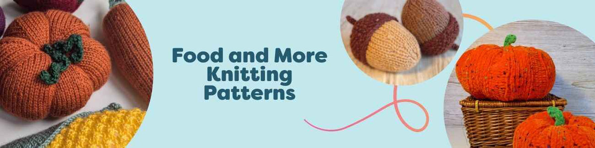 Food and fall-themed knitting patterns from Hobbii: pumpkins, acorns, and vegetables in cozy seasonal colors.