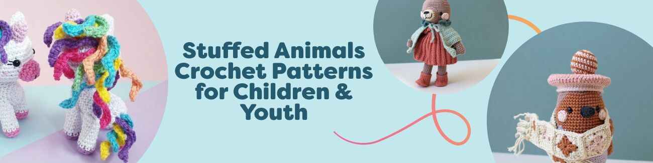 Collage of free amigurumi stuffed animal crochet patterns for kids and youth from Hobbii, including unicorn, robin, hare, deer, and stoat in colorful yarn.