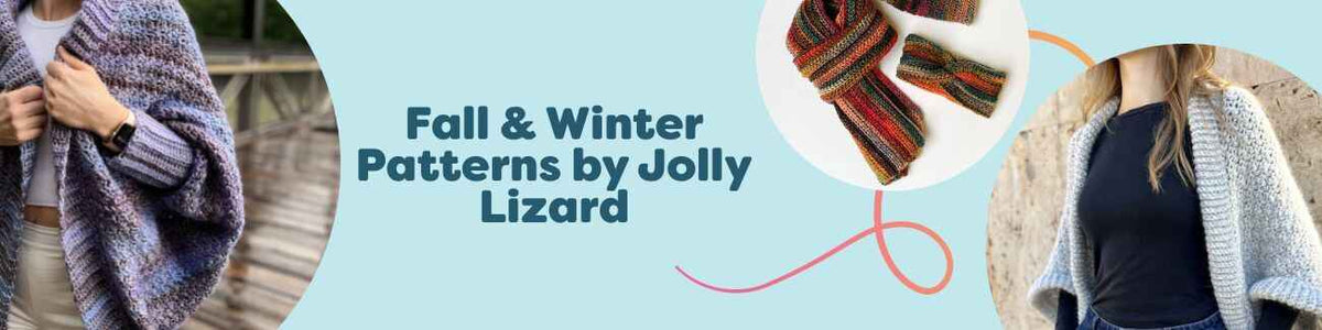 Fall and winter crochet patterns by Jolly Lizard at Hobbii, featuring cozy cocoon cardigans, scarves, a beanie and headband set, and pumpkin home decor.