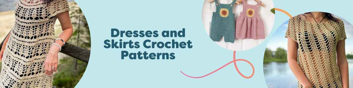 Crocheted dresses and skirts made with Hobbii yarns—summer and beach dresses, A-line and flared skirts—styled on models.