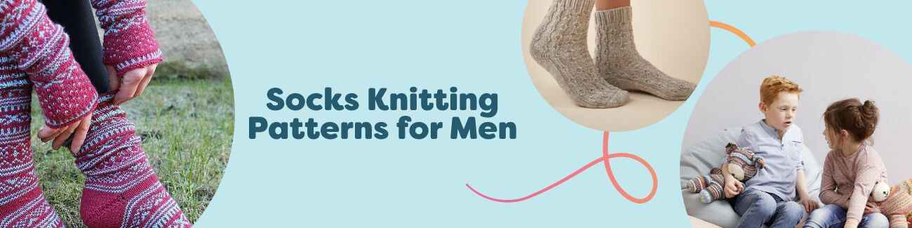 Selection of free men's sock knitting patterns from Hobbii, including Norwegian colorwork, ribbed, and striped designs in various yarn colors.