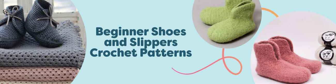 Assortment of crocheted slippers and baby shoes in soft yarns—beginner-friendly free patterns from Hobbii.