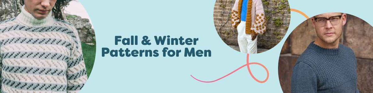 Collection of free men’s fall and winter knitting and crochet patterns from Hobbii, featuring cozy sweaters, cardigans, scarves, and beanies in seasonal tones.