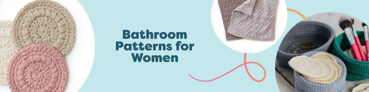 Curated set of women’s bathroom crochet and knit patterns: washcloths, face scrubbies, makeup pads, cotton pads, and a makeup pouch by Hobbii.