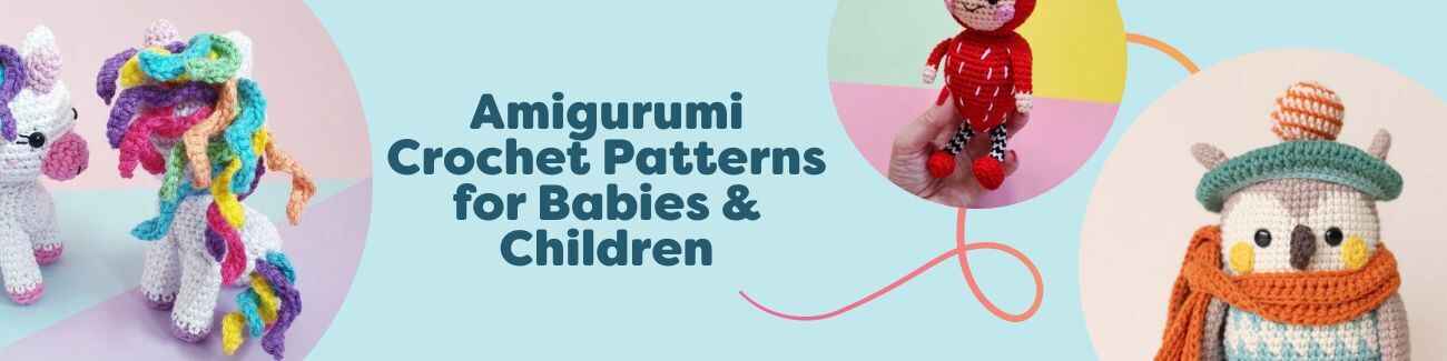 Assortment of cute amigurumi toys for babies and children—unicorn, strawberry, and owl—crocheted with soft yarn on a pastel background.