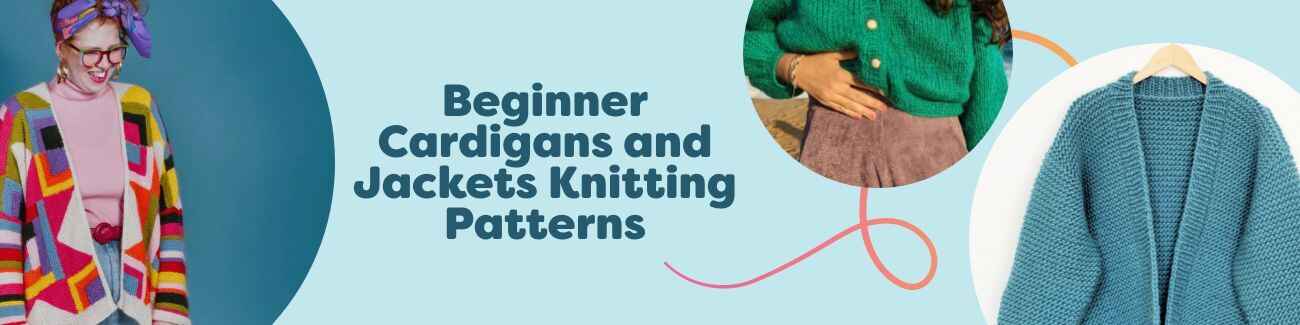Models wearing beginner-friendly knitted cardigans and jackets in soft neutrals, with yarn skeins and needles—Hobbii Beginner Cardigans & Jackets Knitting Patterns.