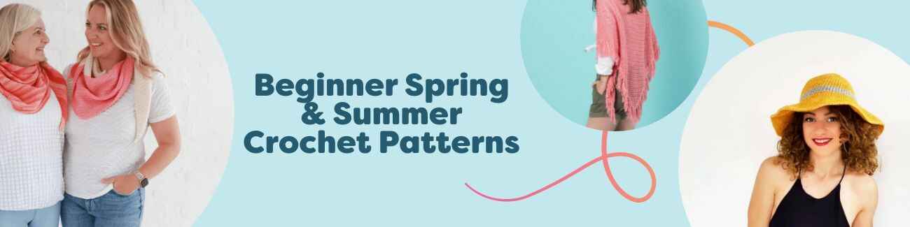 Collage of beginner-friendly spring and summer crochet projects—shawls, tank tops, and bucket hats—made with lightweight cotton yarns in bright colors from Hobbii.