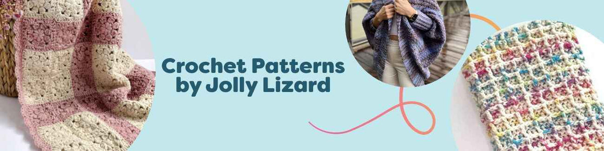Jolly Lizard crochet patterns from Hobbii: baby blankets, a cocoon cardigan, and a sweater scarf on a neutral backdrop.