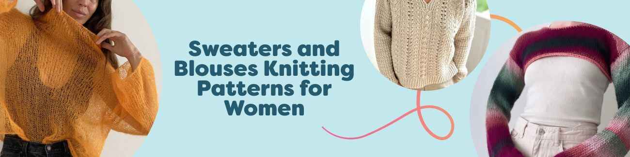 Models wearing women’s knitted sweaters and blouses, including colorwork yoke pullovers, a cropped shruggie, and a light summer top, made with Hobbii yarns.