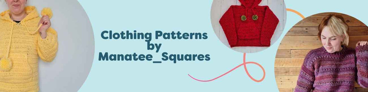 Curated Manatee_Squares clothing patterns—hoodies, sweaters, and children’s cardigans—displayed with coordinating Hobbii yarn.