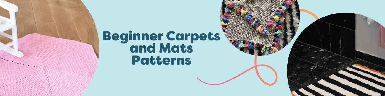 Collection of free beginner crochet and knit rug and bath mat patterns from Hobbii, including nursery, rainbow, and Scandinavian-style designs.