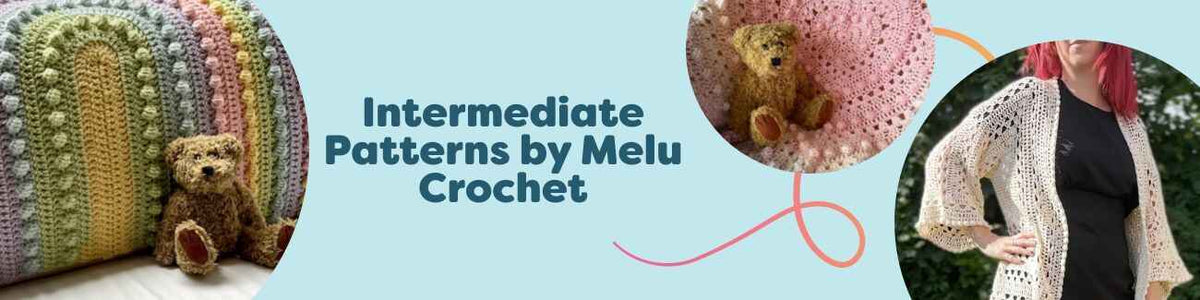 Selection of intermediate crochet patterns by Melu Crochet from Hobbii, featuring colorful blankets and cozy cardigans displayed together.