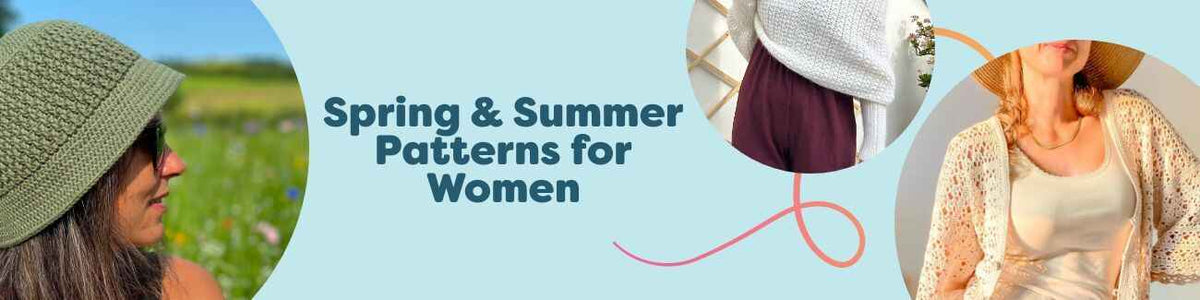 Spring-summer women’s makes: crochet bucket hat, lace top, tee, shawl, and light cardigan in pastels with Hobbii yarns.