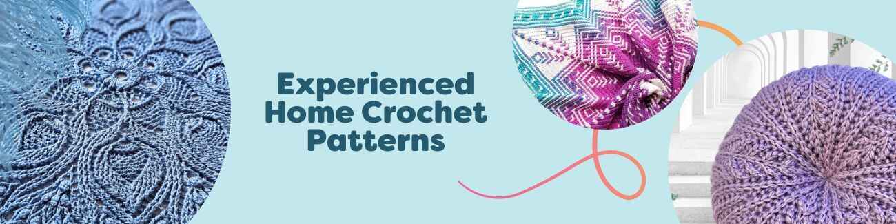 Experienced home crochet patterns from Hobbii featuring blankets, pillows, and mandalas with textured stitches and bold mosaic motifs.