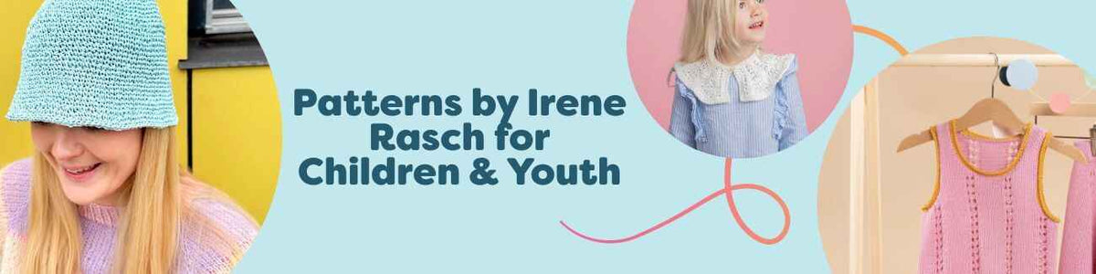 Collage of Irene Rasch's free kids crochet patterns from Hobbii, featuring a bucket hat, scarf, collar, top, and skirt for children and youth.