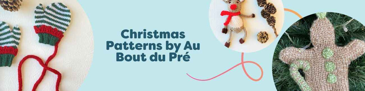 Assortment of festive Au Bout du Pré Christmas crochet patterns at Hobbii—reindeer and gingerbread ornaments, decorative mittens, and a tweed stocking.