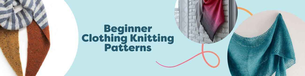 Assorted beginner clothing knitting patterns from Hobbii—scarves, shawls, jumpers, and baby sweaters—styled with yarn skeins, needles, and swatches.