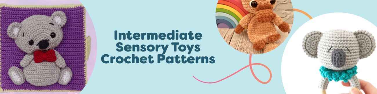 Intermediate sensory toy crochet patterns from Hobbii: quiet books, loveys, teethers, and a daisy rug styled with soft yarn.