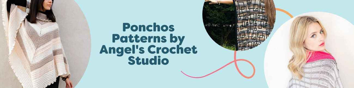 Hobbii collection of intermediate crochet poncho patterns by Angel’s Crochet Studio—Ophelia, Linked Symmetry, and Norse Zen—styled on mannequins.