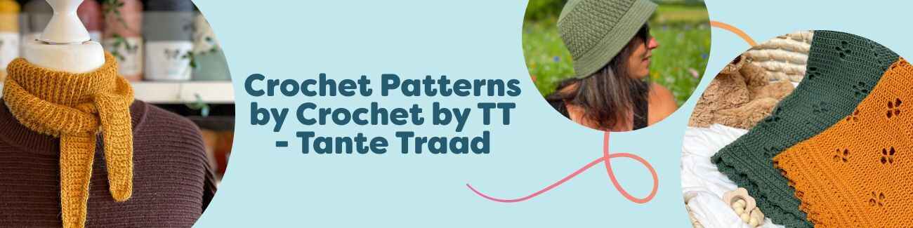 Collection image featuring Crochet by TT - Tante Traad designs: a simple scarf, bucket hat, baby blanket, wrist warmers, and braided-look bag made with Hobbii yarns.